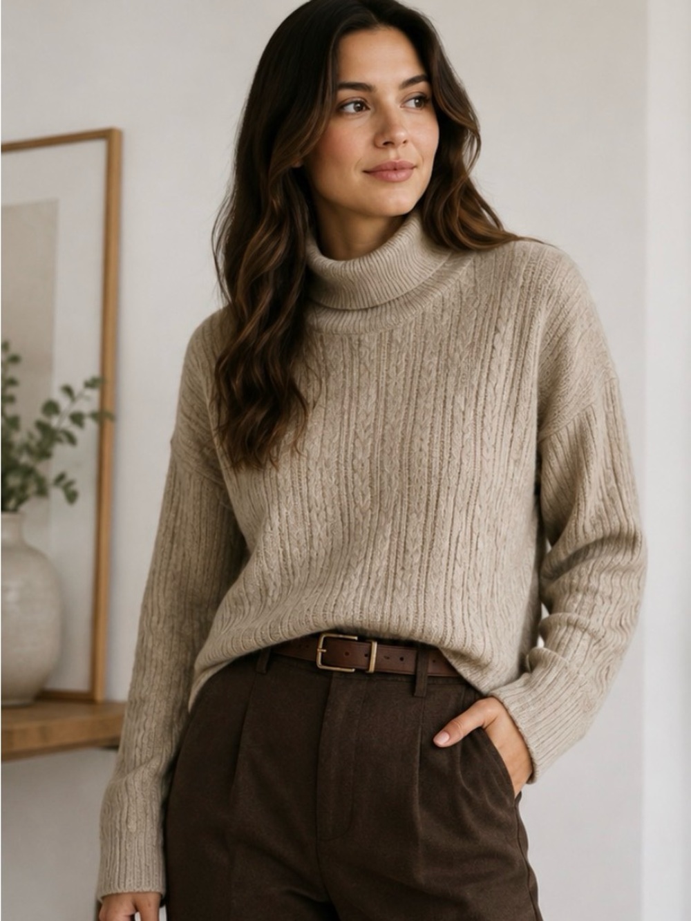 Cleo Petites Cable Knit Turtleneck Sweater Beige Tan Petite MP